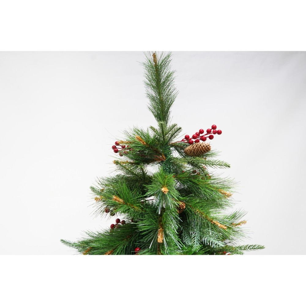 Brad artificial de Craciun Premium, decorat cu conuri pin rosii, inaltime 180 cm, 414 ramuri, verde, suport metalic inclus — varianta 2