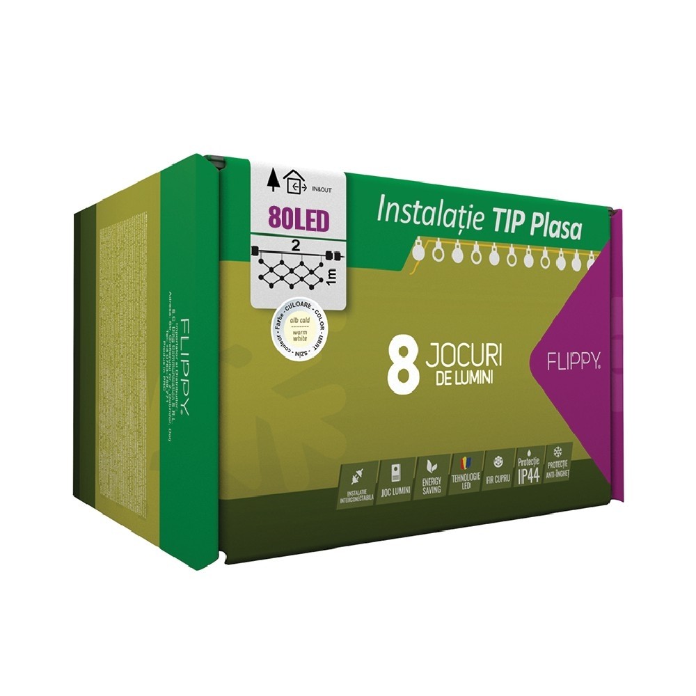 Instalatie Craciun tip plasa, 1.5 x 1.5 m, 120 led-uri, alb cald, 8 jocuri de lumini, transformator fara telecomanda, interconectabila — varianta 5