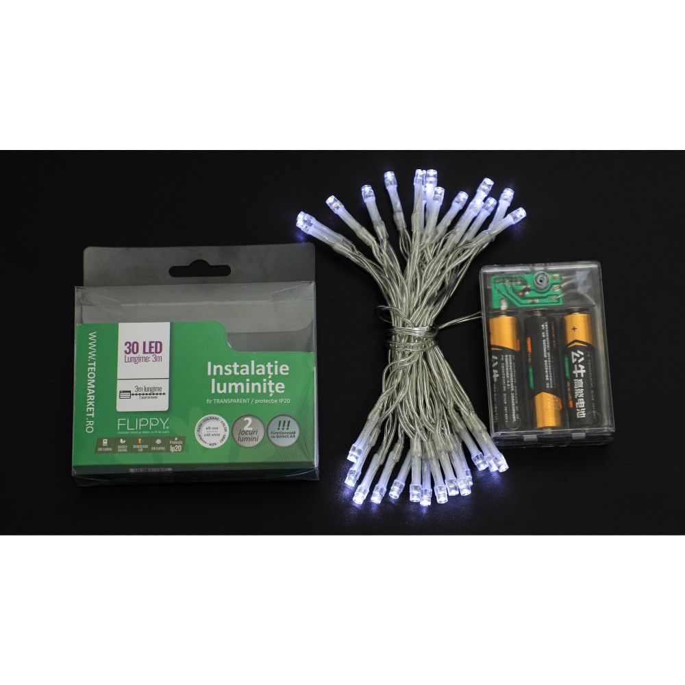 Instalatie de Craciun cu Baterii Tip Liniar, 2 jocuri de lumini, Fir Transparent 3 m 30 LED -uri, Alb Rece — varianta 5