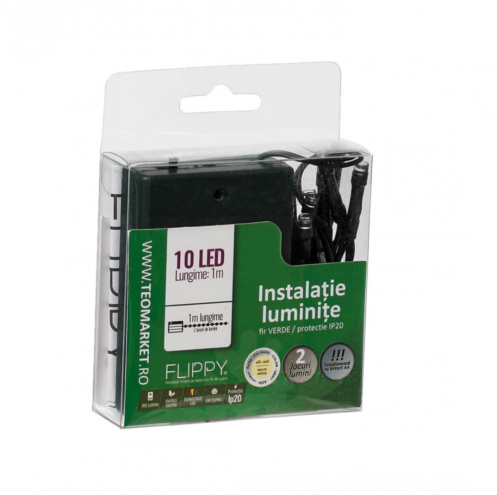 Instalatie de Craciun cu baterii tip liniar, 2 jocuri de lumini, fir verde 1 m 10 LED -uri, alb cald — 4