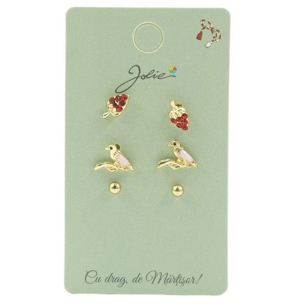 Set 3 perechi cercei, colectia Jolie - Capsuna, Pasare, Bilute — varianta 2
