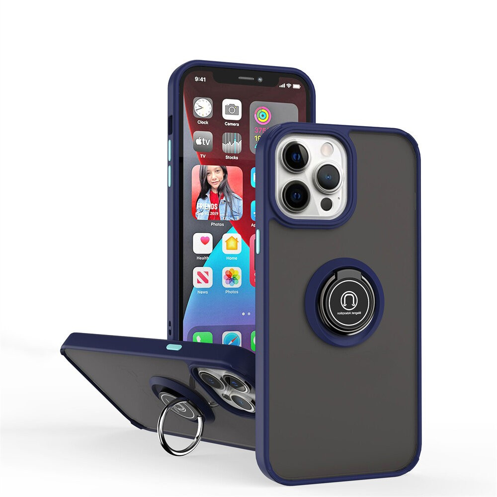 Husa protectie Apple iPhone 14 Pro Max, Metal Bracket, antisoc, inel sustinere, prindere magnetica, margini albastre — varianta 2