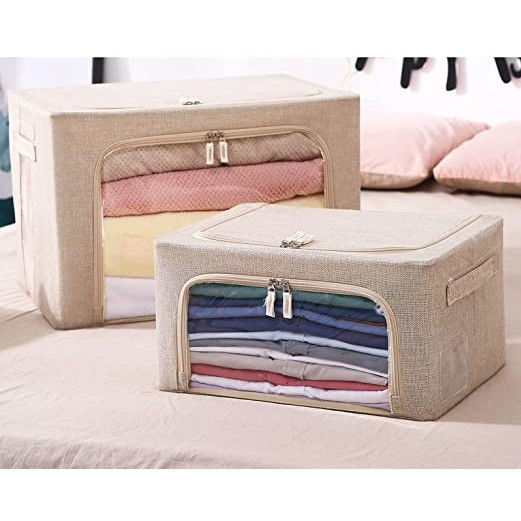 Cutie de depozitare pliabila cu fermoar, 100 litri, 60 X 42 X 40 cm, doua fereastre, cadru metalic, crem — 6