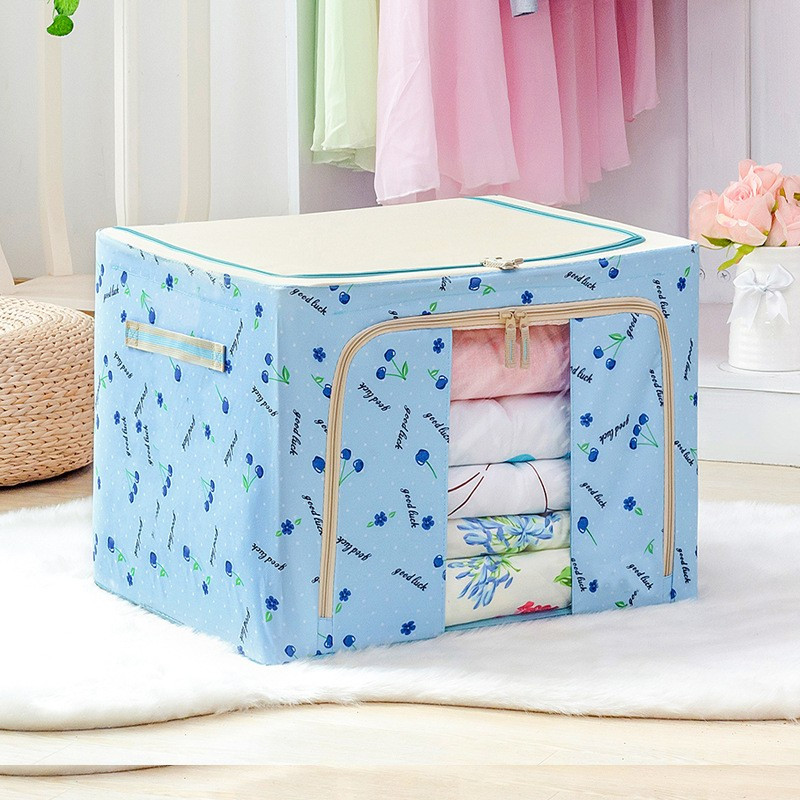 Cutie de depozitare pliabila, fermoar, 66 litri, textil, 50 x 40 x 33 cm, cadru metalic, suport baza stabil din plastic, imprimeu cirese, albastra — 2