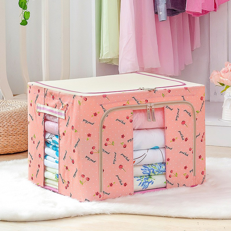Cutie de depozitare pliabila, fermoar, 66 litri, textil, 50 x 40 x 33 cm, cadru metalic, suport baza stabil din plastic, imprimeu cirese, roz — varianta 2