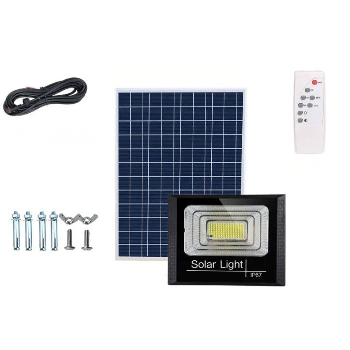 Proiector LED/Lampa solara de exterior, 15 cm x 20 cm, Rezistent la Apa IP67, cu Panou Solar, 114 LED SMD, 65W, Senzor de lumina, Timer, cu Telecomanda, 2 moduri de iluminat, kit montaj inclus, — varianta 2