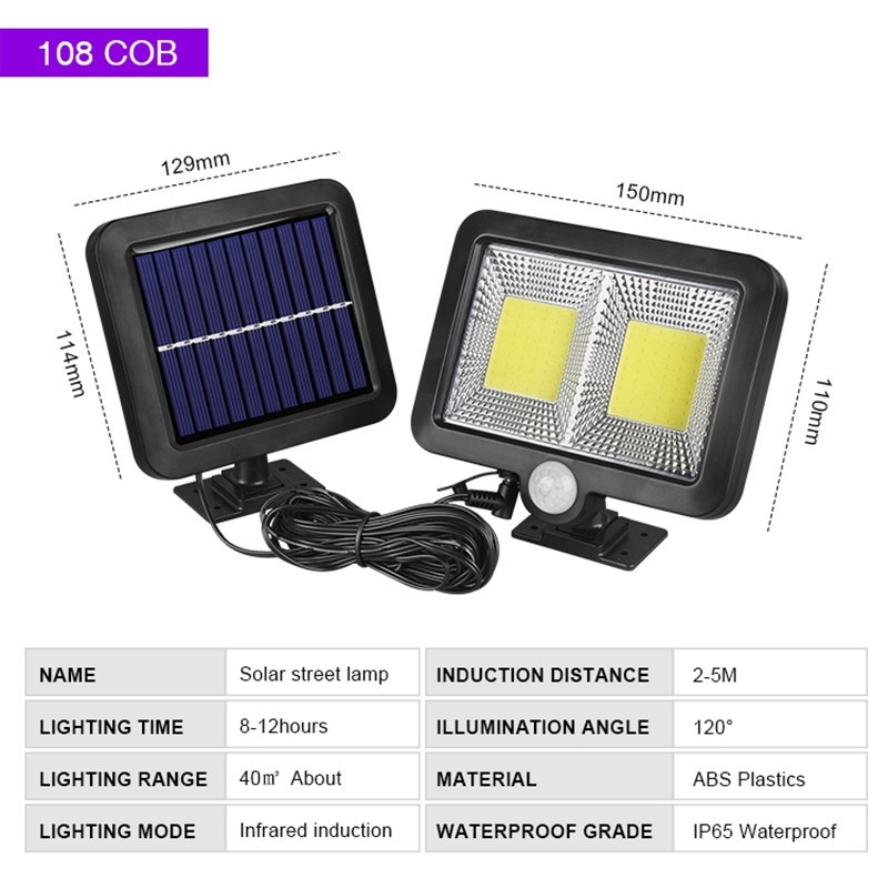 Lampa solara cu senzor de miscare, 108 COB LED, 2 grile, 2400lm, IP65, neagra — varianta 5