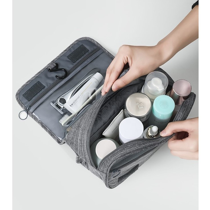 Geanta cosmetice voiaj, material panza, impermeabil, 3 compartimente, agatatoare, 47 x 28 x 20 cm, gri — 3