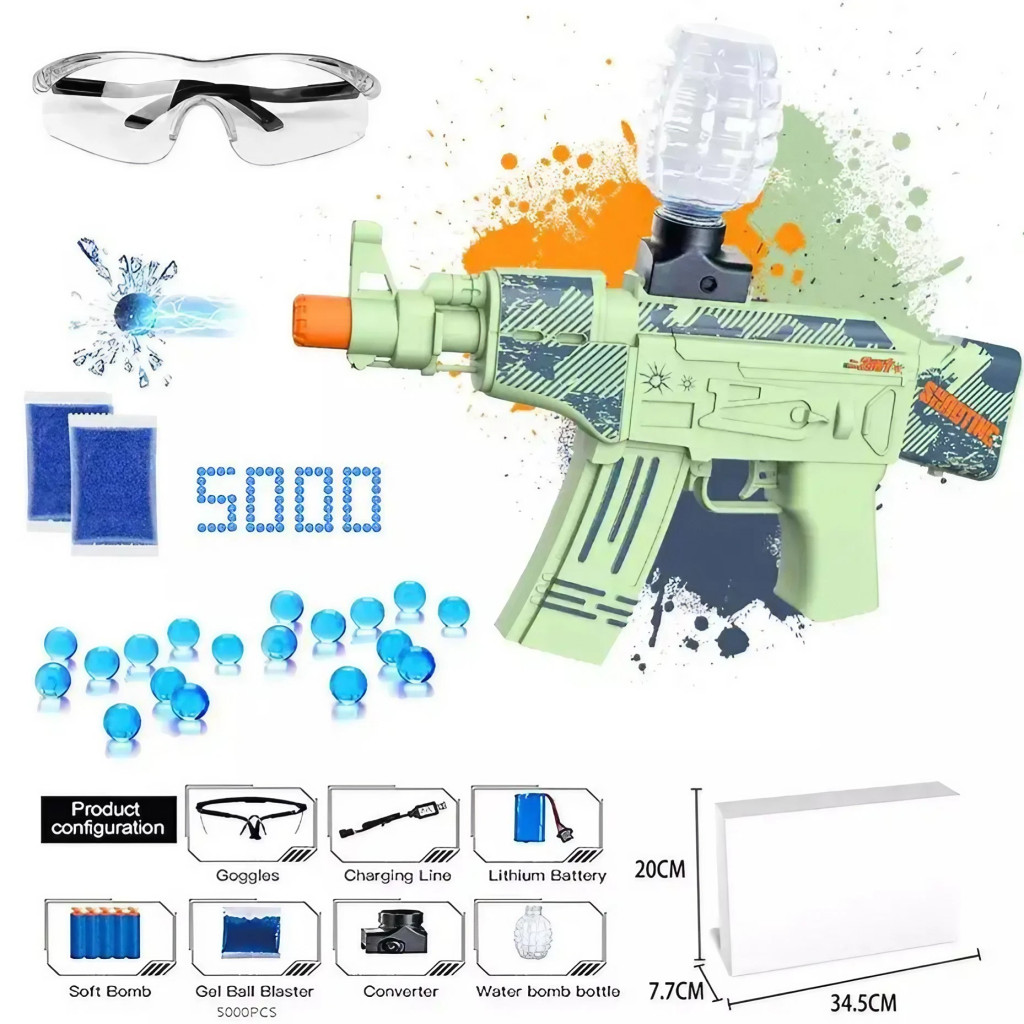 Mitraliera de jucarie cu bile de hidrogen de gel, electrica, 5000 bile incluse, ochelari protectie, AK47, verde — varianta 2
