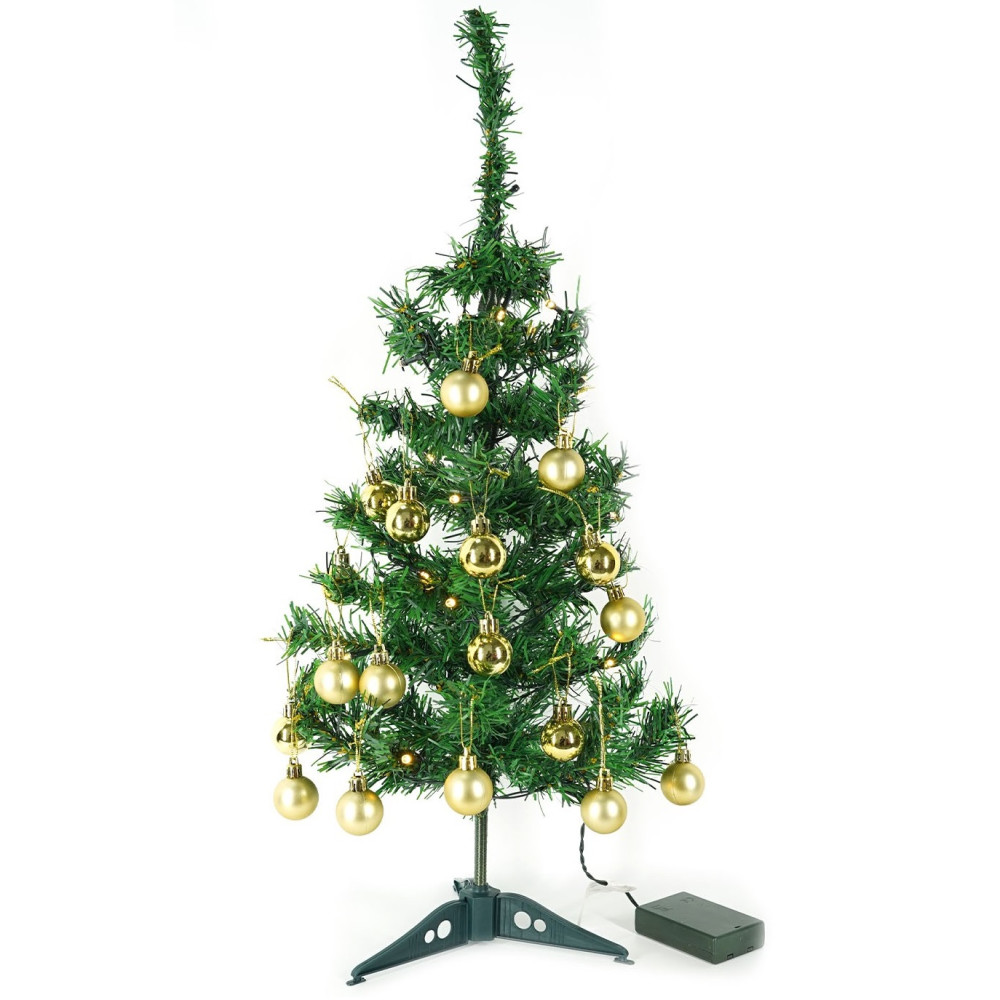 Brad artificial impodobit, 60 cm, suport plastic cu instalatie luminoasa 20 LED alb cald + 20 globuri aurii incluse — 2
