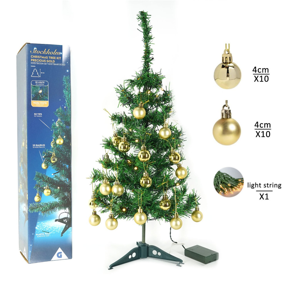 Brad artificial impodobit, 60 cm, suport plastic cu instalatie luminoasa 20 LED alb cald + 20 globuri aurii incluse — 5