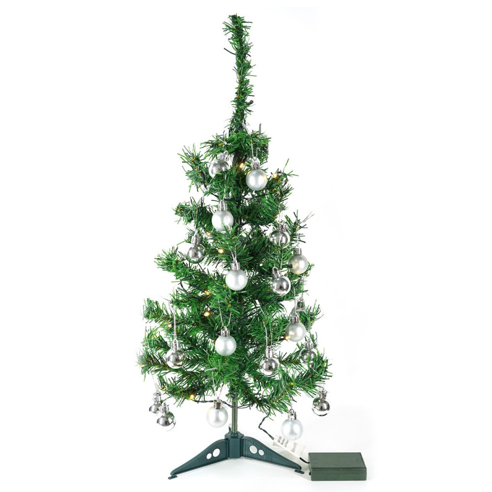 Brad artificial impodobit, 60 cm, suport plastic cu instalatie luminoasa 20 LED alb cald + 20 globuri argintii incluse — varianta 2