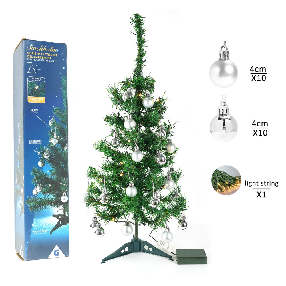 Brad artificial impodobit, 60 cm, suport plastic cu instalatie luminoasa 20 LED alb cald + 20 globuri argintii incluse — varianta 5