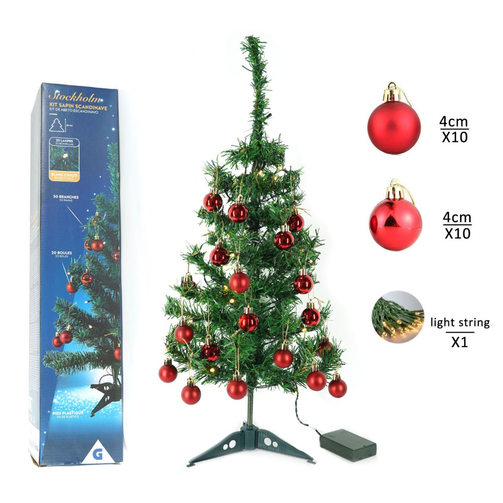 Brad artificial impodobit, 60 cm, suport plastic cu instalatie luminoasa 20 LED alb cald + 20 globuri rosii incluse — 5