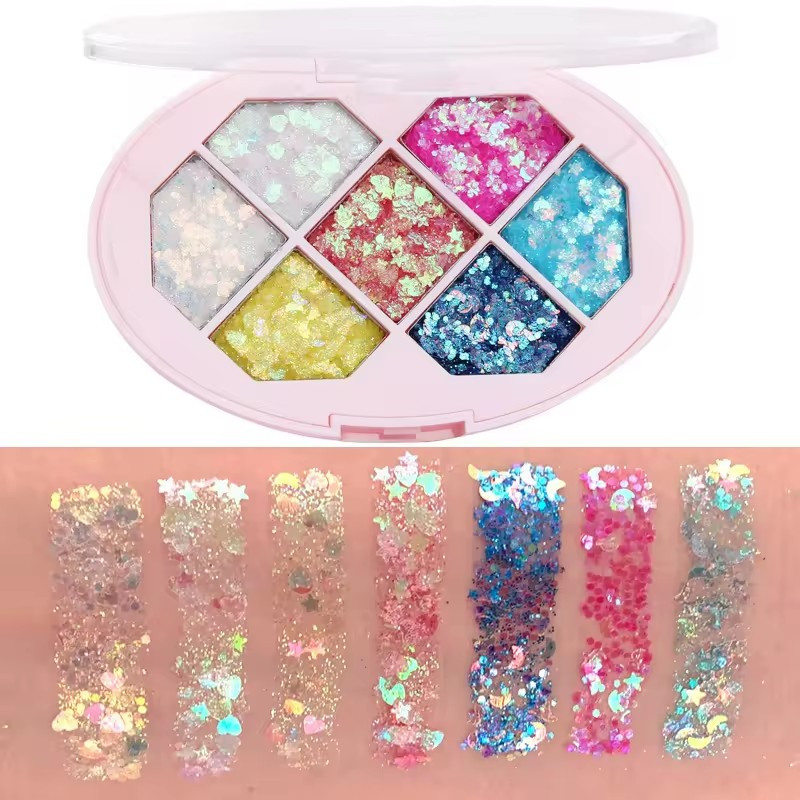 Paleta cu Glitter, Flippy, Varianta 1, 7 Nuante, Pentru Corp si Par, 50 g, Rezistent la Apa, 9.8 x 6.8 cm, Multicolor — 2
