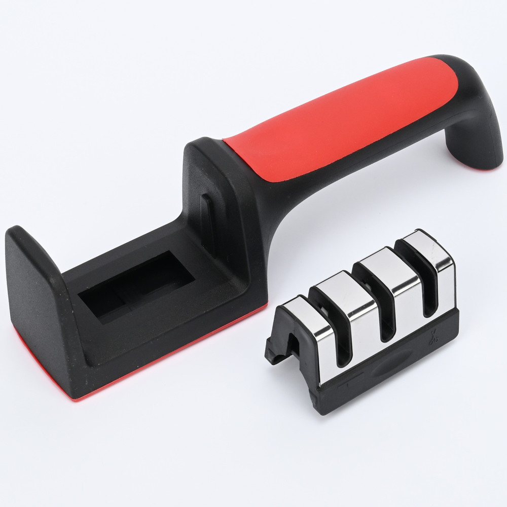 Dispozitiv pentru ascutit cutite, 3 pozitii, rosu/negru, material inox si ABS — varianta 2