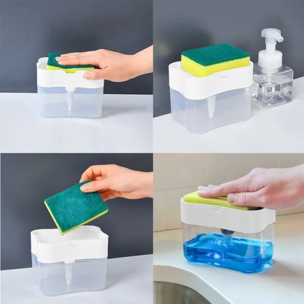 Dispenser dozator 2 in 1 pentru detergent, lichid de vase, suport pentru burete, 14 x 10.5 x 10 cm, 380 ml, alb — varianta 2