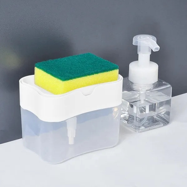 Dispenser dozator 2 in 1 pentru detergent, lichid de vase, suport pentru burete, 14 x 10.5 x 10 cm, 380 ml, alb — varianta 3