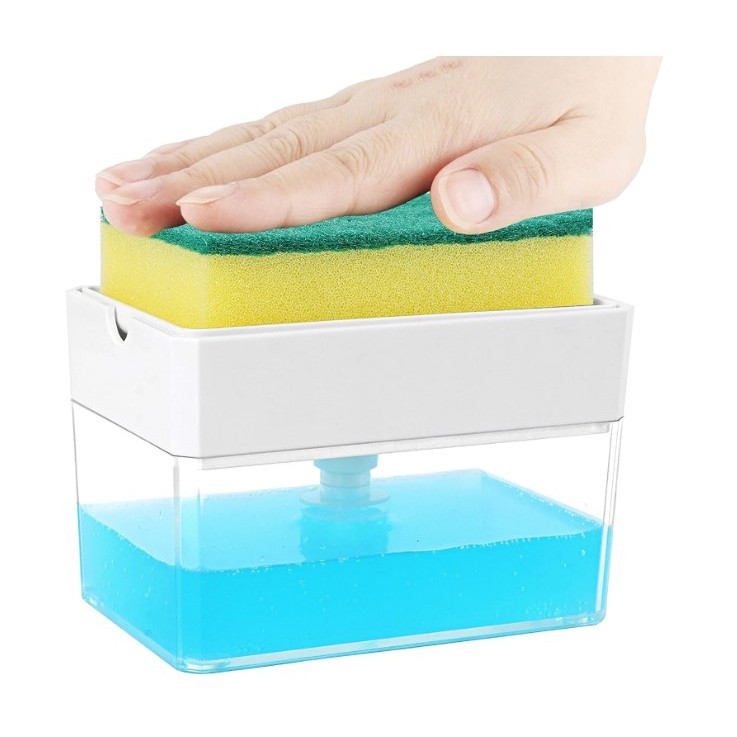 Dispenser dozator 2 in 1 pentru detergent, lichid de vase, suport pentru burete, 14 x 10.5 x 10 cm, 380 ml, alb — varianta 4