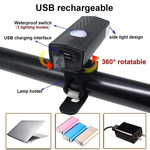 Far cu LED proiector pentru bicicleta/trotineta, reincarcabil, cablu USB inclus, negru — 2