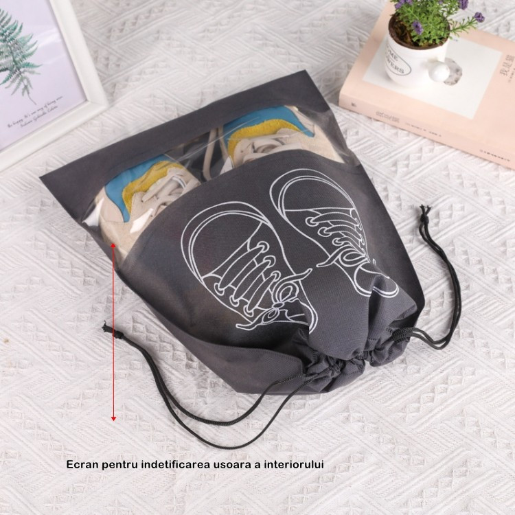 Sac depozitare incaltaminte, pentru voiaj sau depozitare, rezistent la praf, compatibil cu masina de spalat, 27 x 36 cm, gri deschis — 2
