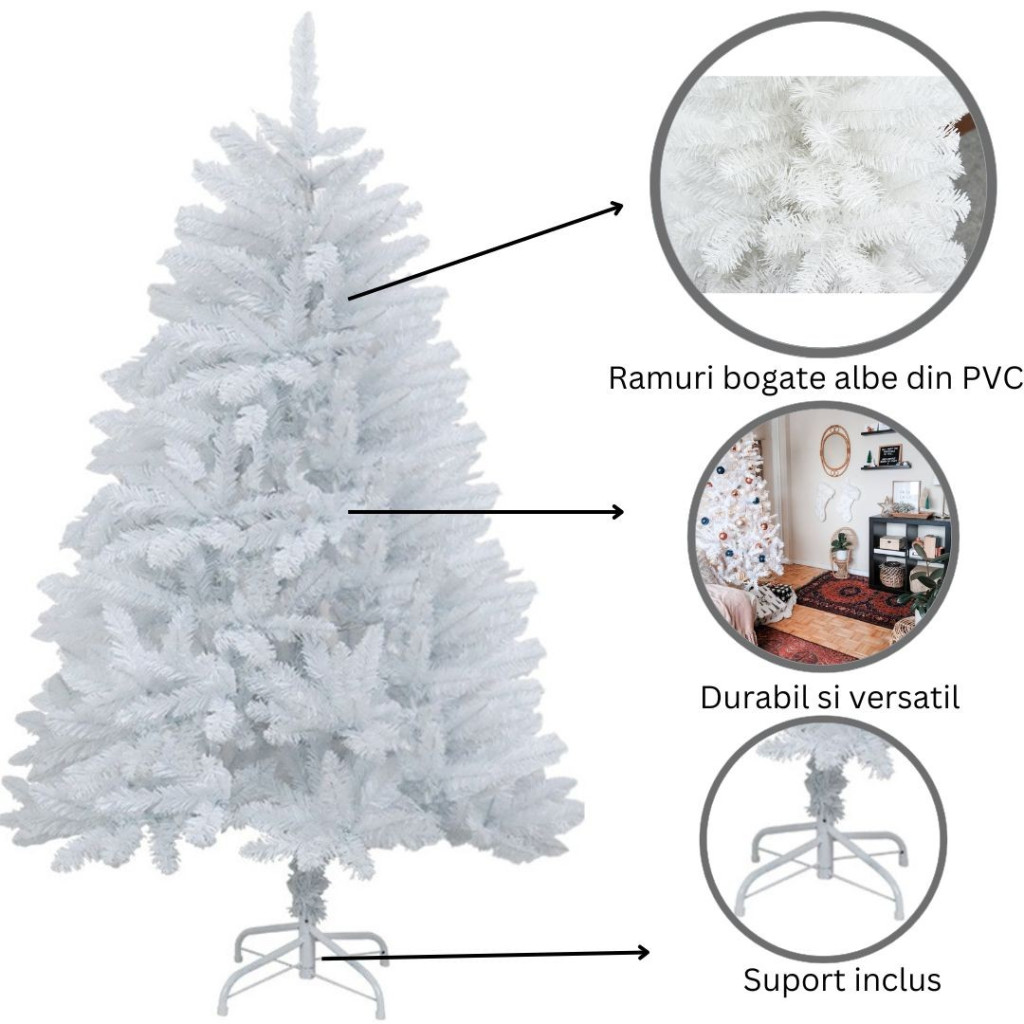 Brad artificial de Craciun, 120 cm, 240 ramuri/varfuri, plastic, interior/exterior, alb, suport inclus — varianta 3