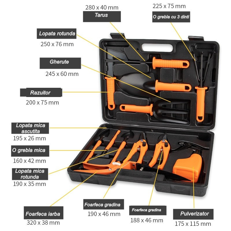Set 12 accesorii pentru gradinarit, geanta depozitare inclusa, otel inoxidabil, 37 x 27 cm, portocaliu — varianta 2