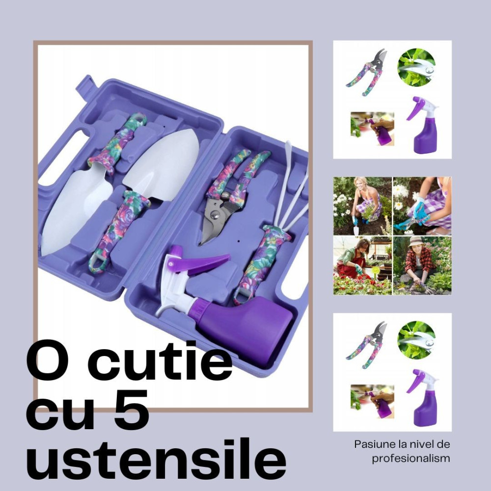 Set 5 accesorii pentru gradinarit, geanta depozitare inclusa, otel inoxidabil, 38 x 29 cm, mov — varianta 2