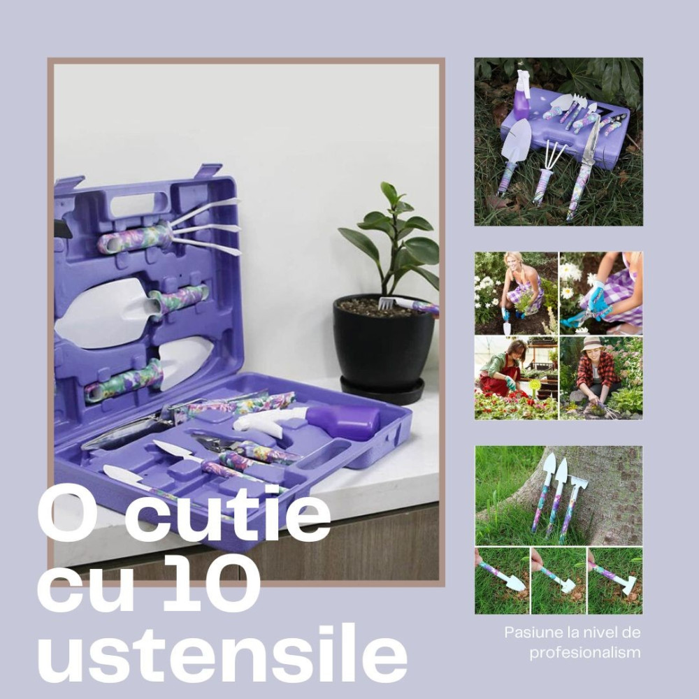 Set 10 accesorii pentru gradinarit , geanta depozitare inclusa, otel inoxidabil, 37 x 28 cm, mov — varianta 2