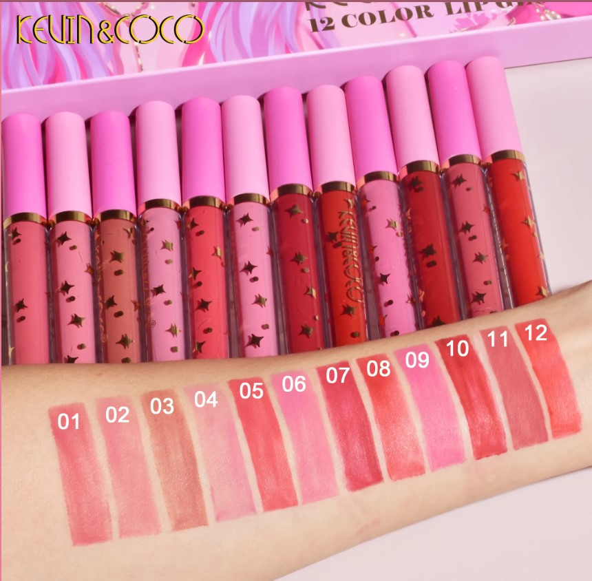 Set 12 Lip Gloss Kevin&Coco, nuante de rosu, rose, nude, roz, cutie dreptunghiulara, 26.5x16.5x2.2 cm, 200 g, multicolor — varianta 2