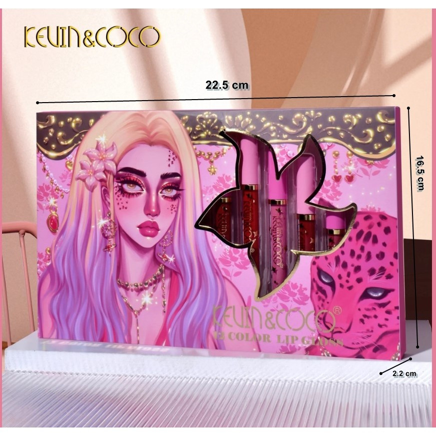 Set 12 Lip Gloss Kevin&Coco, nuante de rosu, rose, nude, roz, cutie dreptunghiulara, 26.5x16.5x2.2 cm, 200 g, multicolor — varianta 4