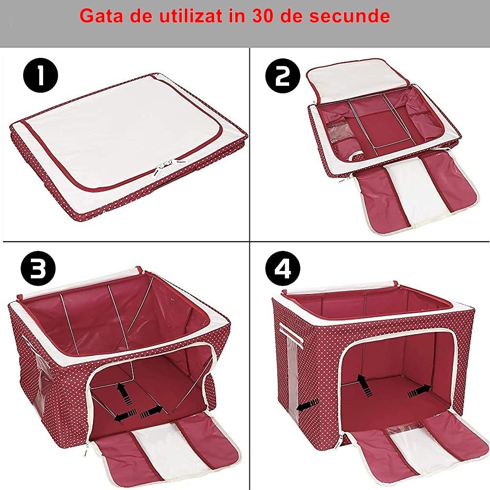 Cutie de depozitare pliabila cu fermoar, 100 litri, 60 X 42 X 40 cm, o fereastra, cadru metalic, rosie cu puncte albe — 3
