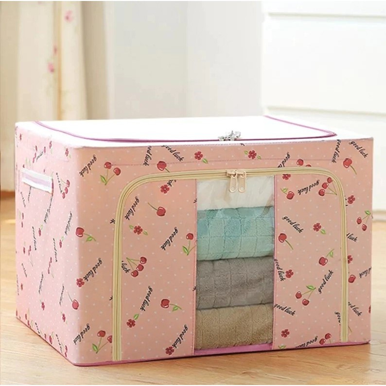 Cutie de depozitare pliabila cu fermoar, 100 litri, material textil, 60 X 42 X 40 cm, imprimeu cirese rosii — 2