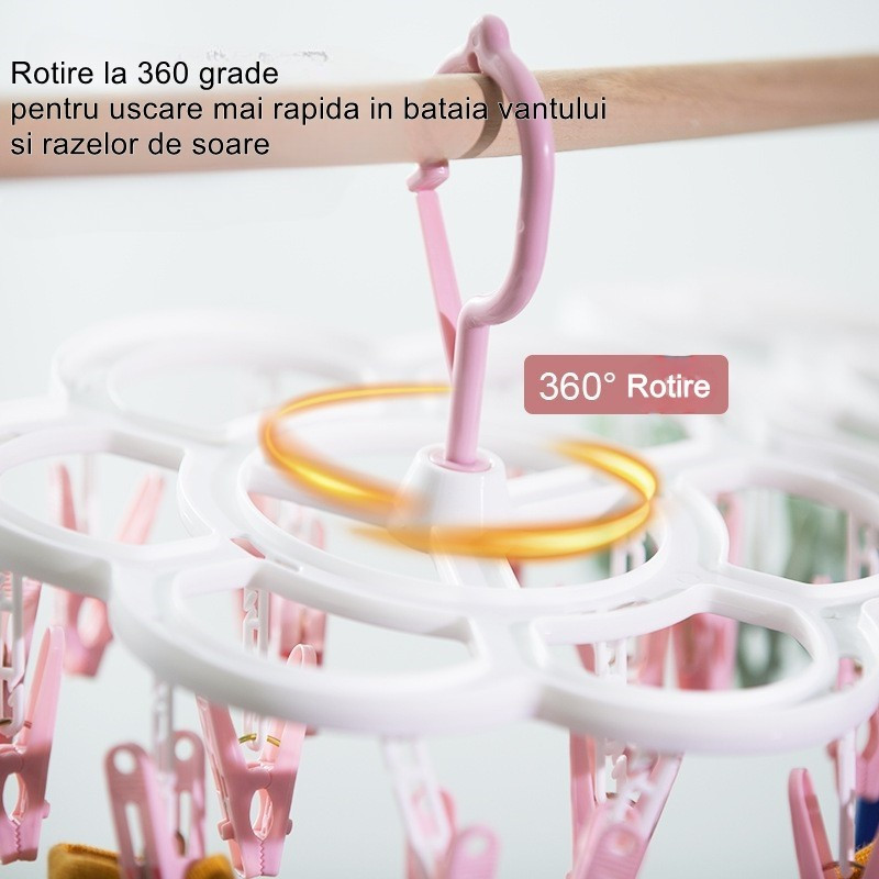 Uscator de Rufe cu 16 carlige, suspendat, rotire 360 grade, plastic, multifunctional, 26 x 21 cm, roz — 2