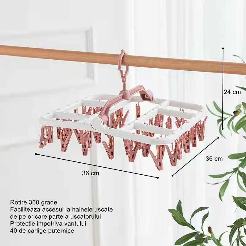 Uscator de rufe suspendat, 40 carlige, rotire 360 Grade, protectie vant, pliabil, 36 x 24 cm, alb/roz — varianta 4