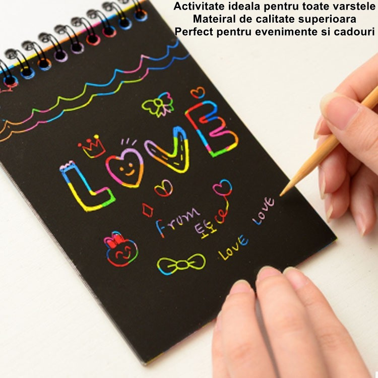 Caiet cu 10 fise razuibile DIY Magic Scratch, 14.5 x 10 cm, curcubeu, creion lemn, cartonase negre, verde — varianta 2