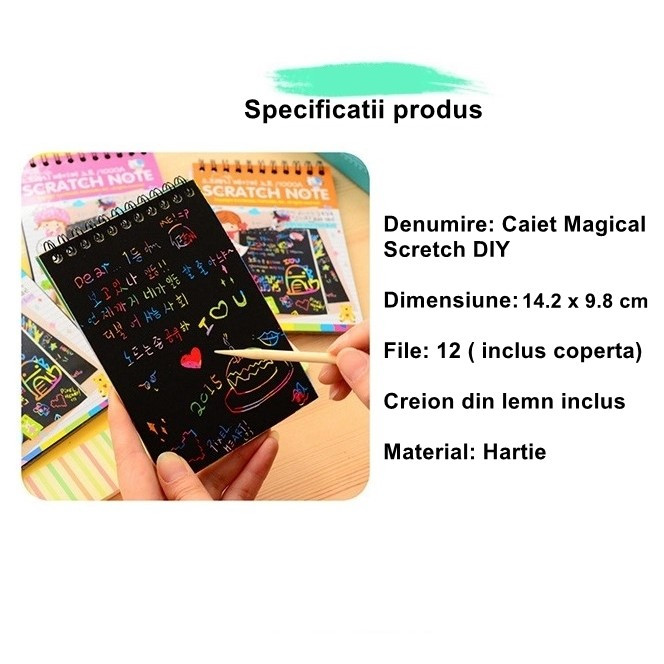 Caiet cu 10 fise razuibile DIY Magic Scratch, 14 x 10 cm, curcubeu, creion lemn, cartonase negre, verde deschis — 2