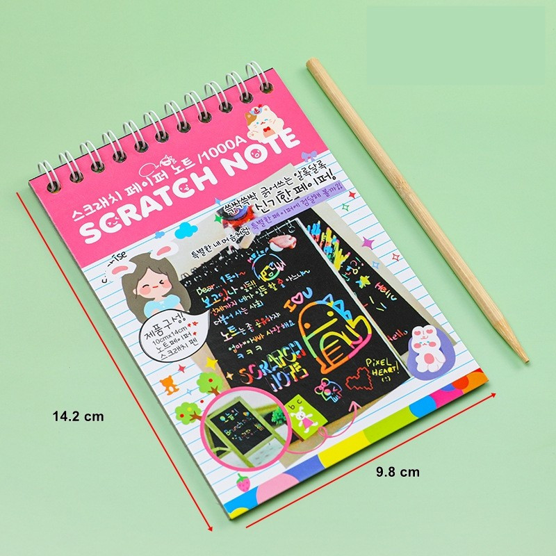 Caiet cu 10 fise razuibile DIY Magic Scratch, 14 x 10 cm, curcubeu, creion lemn, cartonase negre, roz deschis — 2