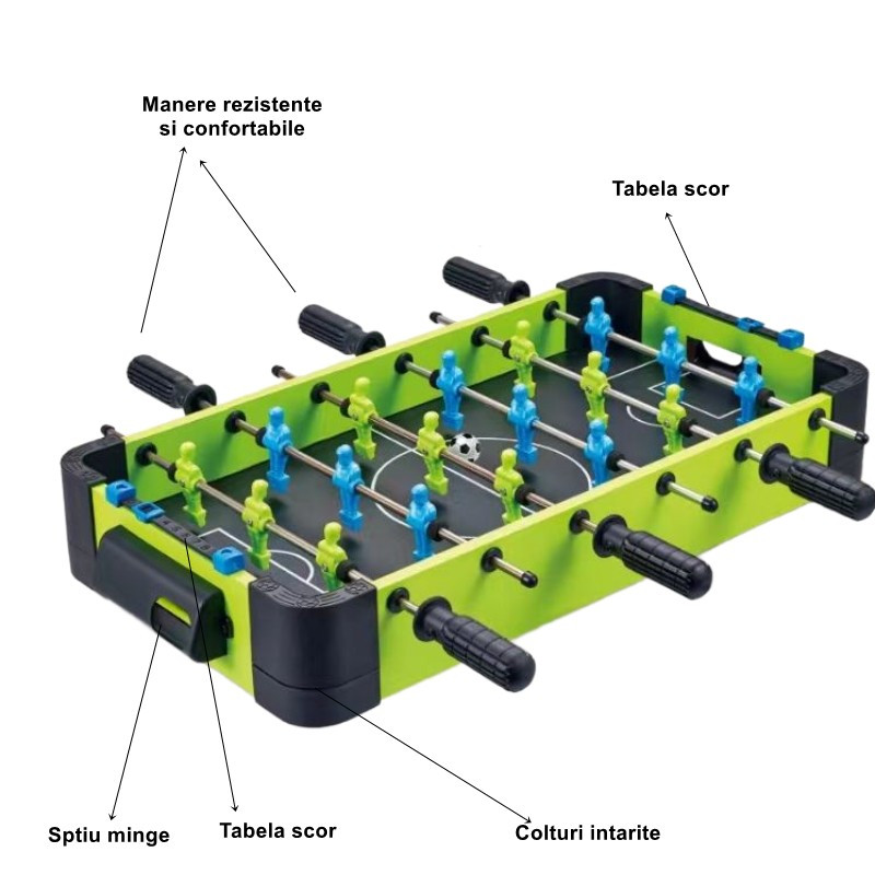 Masa de fotbal cu teren si 18 jucatori , 6 manere, tabela scor, metal, lemn si ABS, 51 x 44 x 17.5 cm, verde/albastru — 2