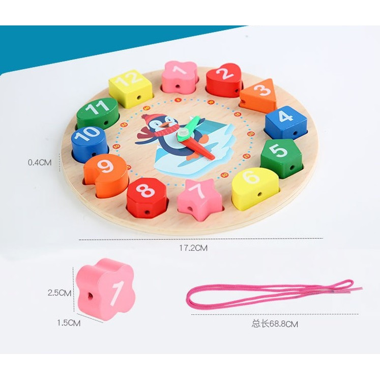 Jucarie educativa tip Montessori, ceas din lemn, model pinguin, 12 piese, multicolor — varianta 2