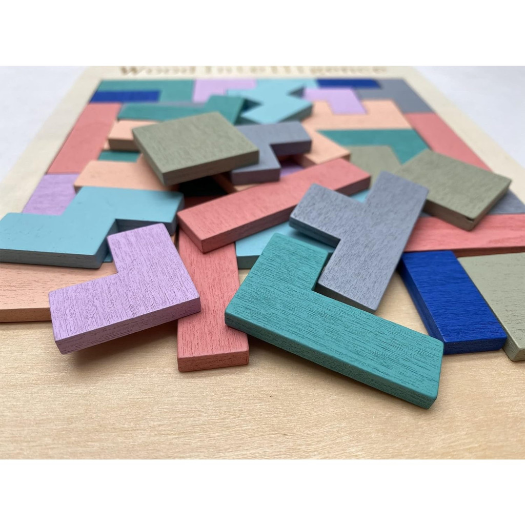 Puzzle Montessori dinl lemn, tip Tetris, 40 piese, multicolor pastel — varianta 2