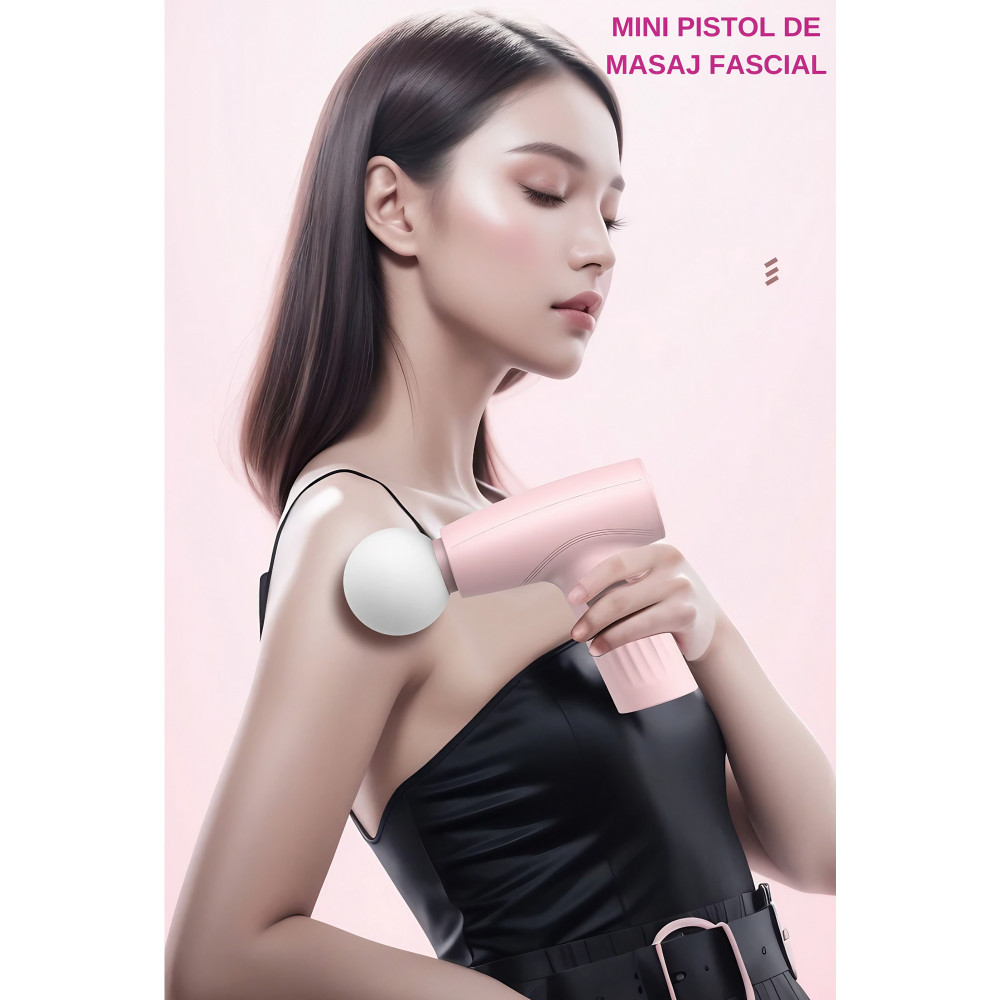 Mini aparat de masaj tip pistol, Incarcare USB Tip C, pentru relaxare musculara, autonomie 120 min, 3 viteze, roz — 2