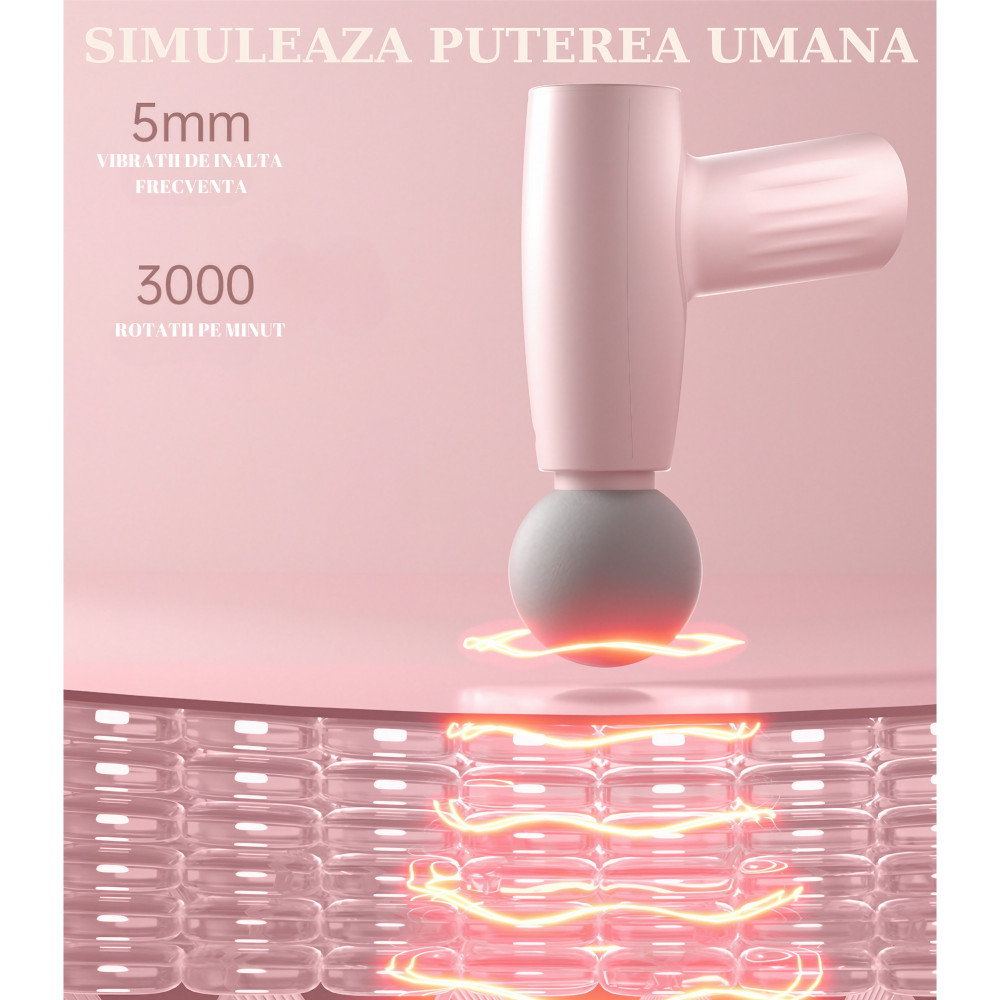 Mini aparat de masaj tip pistol, Incarcare USB Tip C, pentru relaxare musculara, autonomie 120 min, 3 viteze, roz — 5