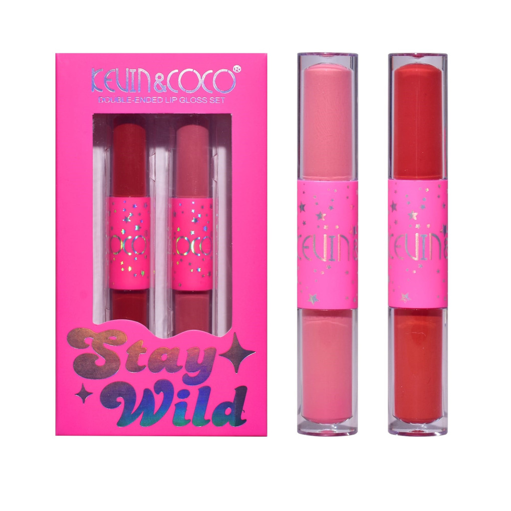 Set de buze KEVIN & COCO Stay Wild, 4 culori, 2 gloss-uri si 2 rujuri mate, 15.1 x 8.1 x 2cm, roz/rosu — 2