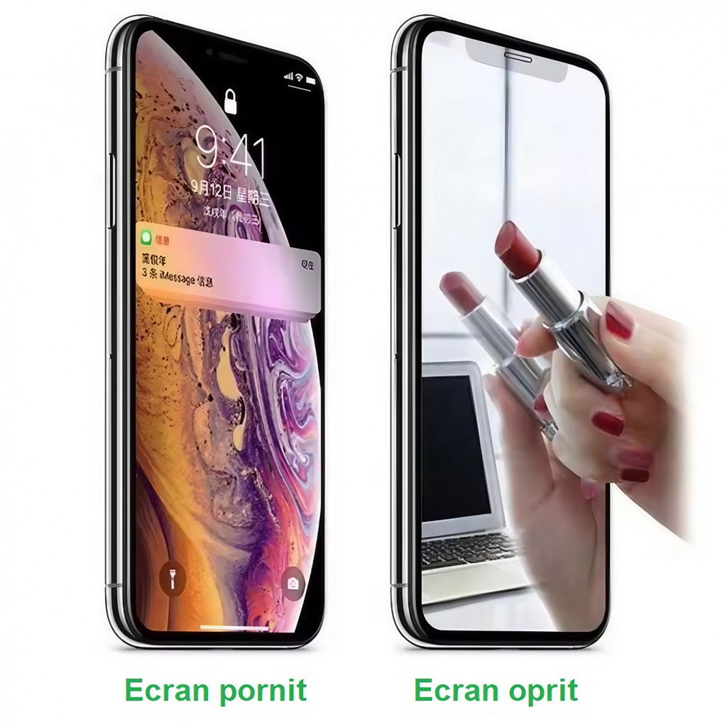 Folie de sticla Apple iPhone 15, Full Glue 8D Mirror Glass, efect oglinda, reflexie violeta, margini negre — varianta 2