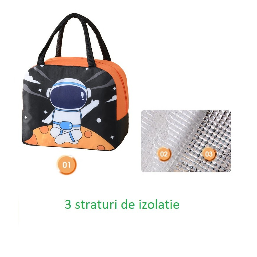 Geanta termoizolanta pentru copii, Imprimeu Astronaut, 23x13x19 cm, negru/portocaliu — varianta 5