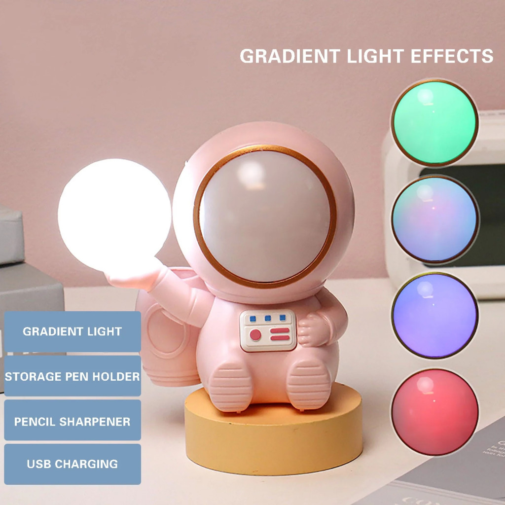 Lampa LED 2 in 1, cu ascutitoare si suport creioane, astronaut roz — varianta 2