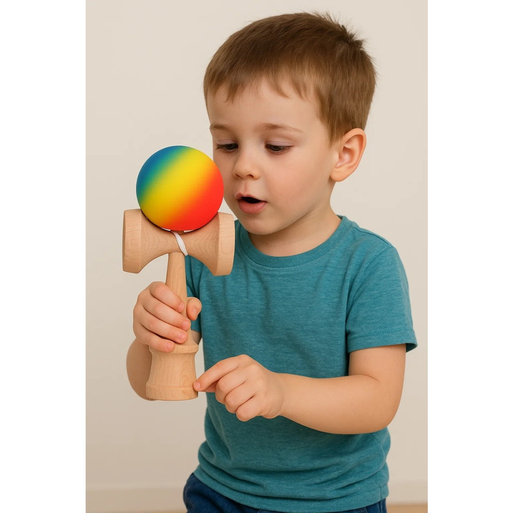 Jucarie lemn Kendama X, originala, profesionala, Rubber Grip, rosu/galben/albastru — varianta 3