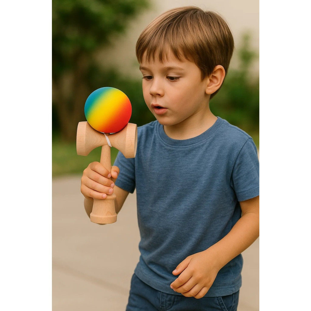 Jucarie lemn Kendama X, originala, profesionala, Rubber Grip, rosu/galben/albastru — varianta 4