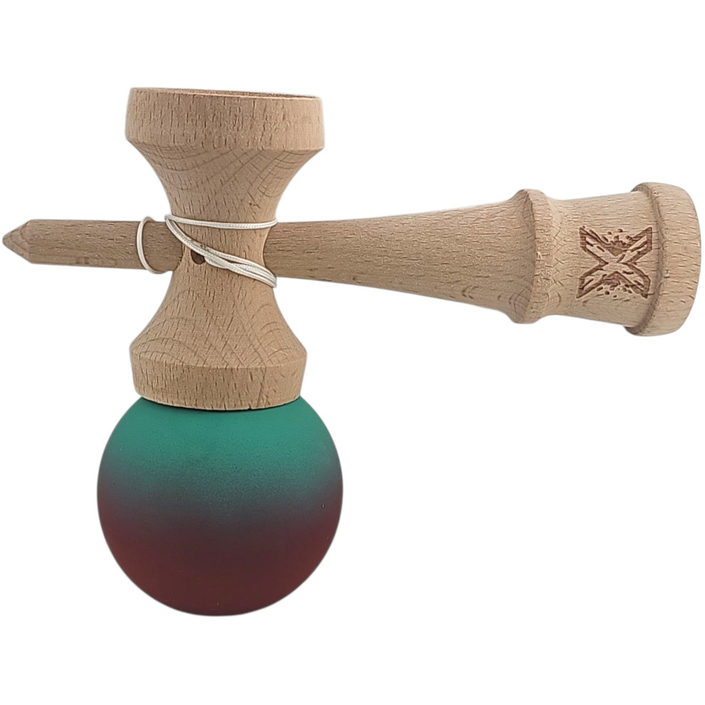 Jucarie lemn Kendama X, originala, profesionala, Rubber Grip, rosu/verde — 2